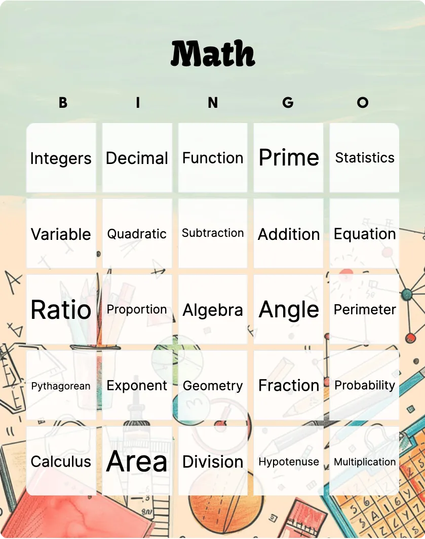 Math words bingo