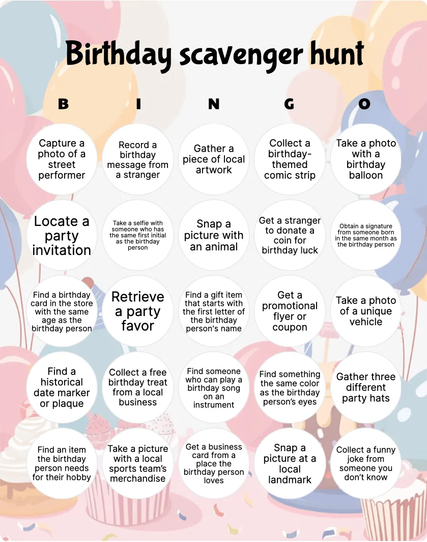 Birthday scavenger hunt bingo card template