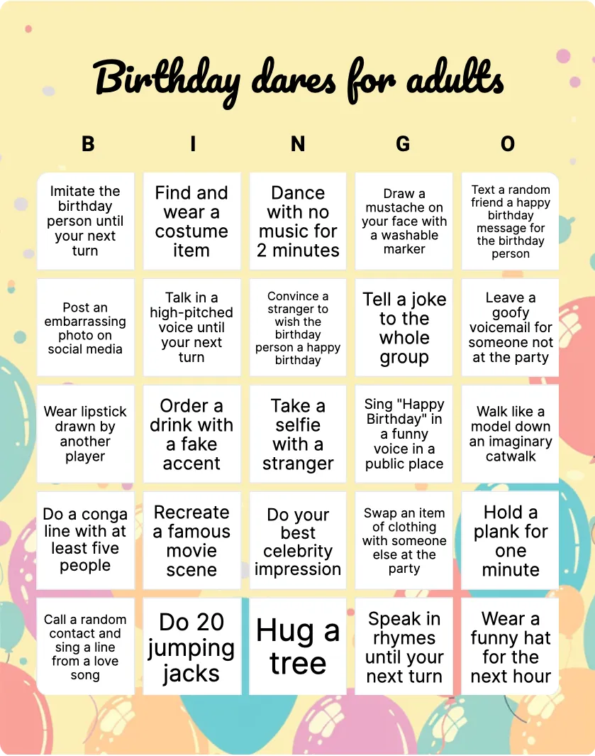 Birthday dares for adults bingo card template