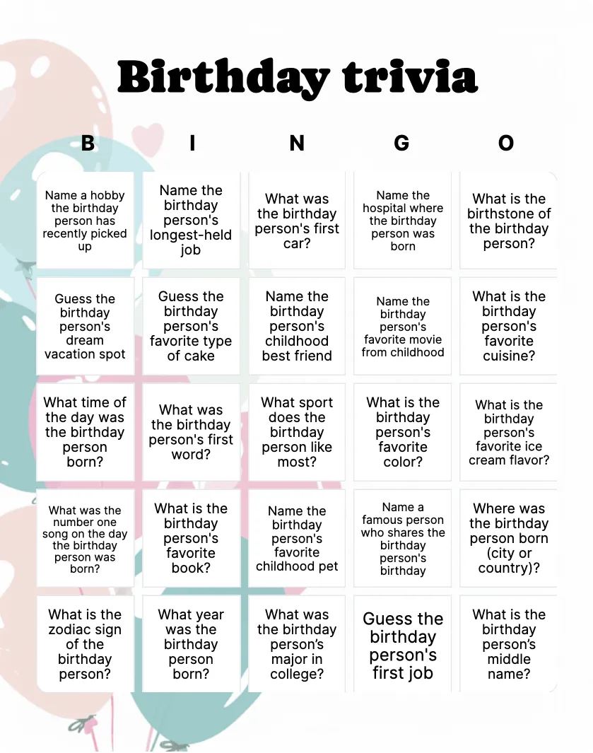 Birthday trivia bingo card template