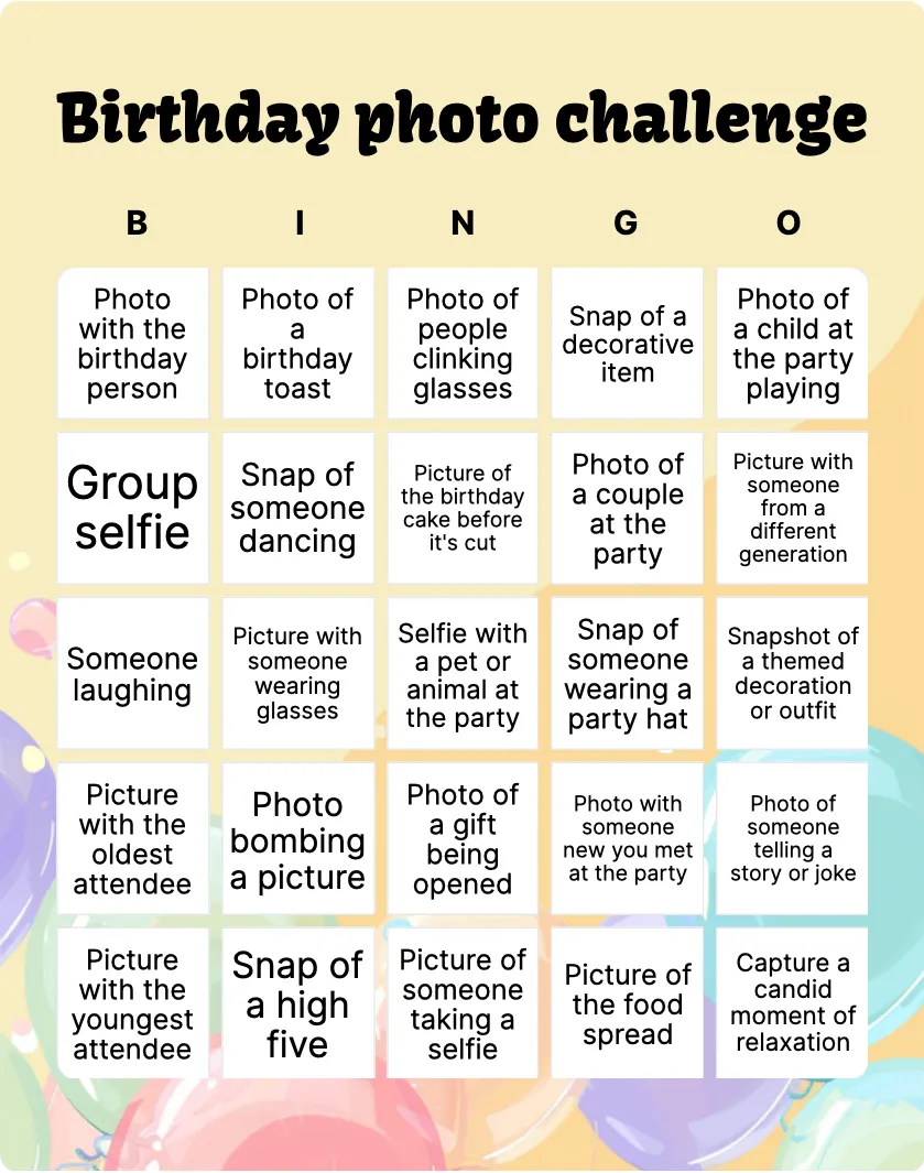 Birthday photo challenge bingo card template