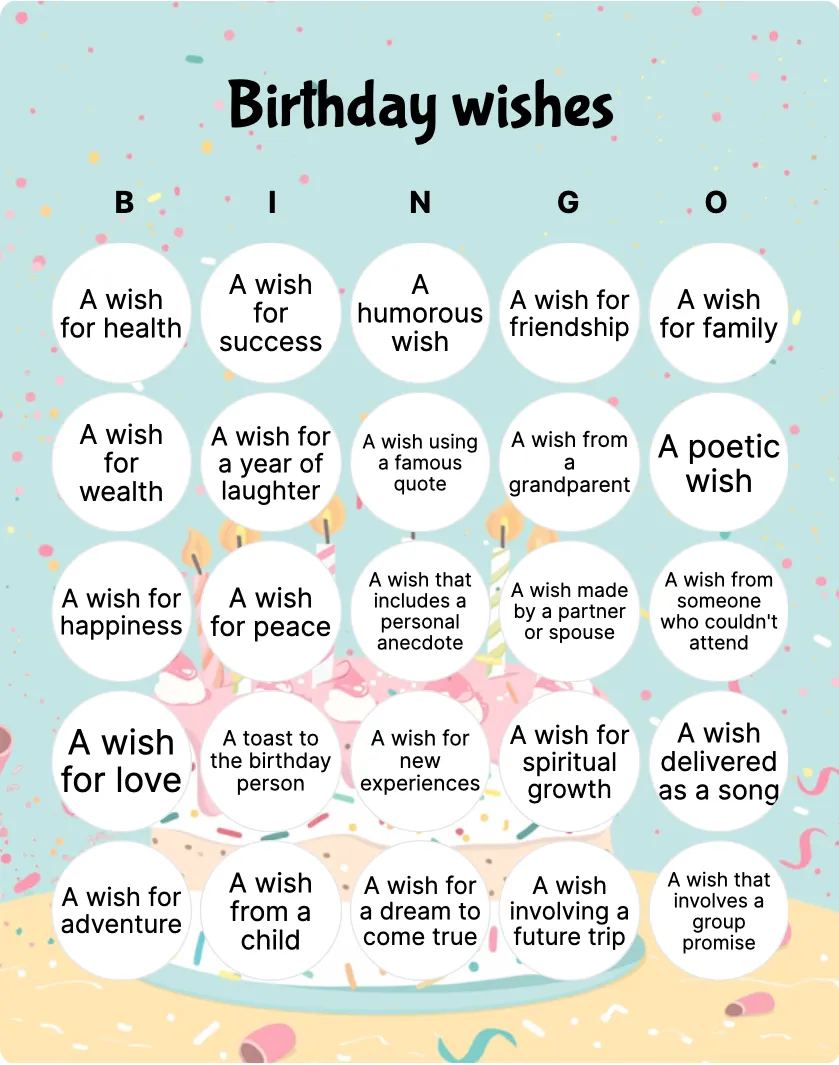 Birthday wishes bingo card template