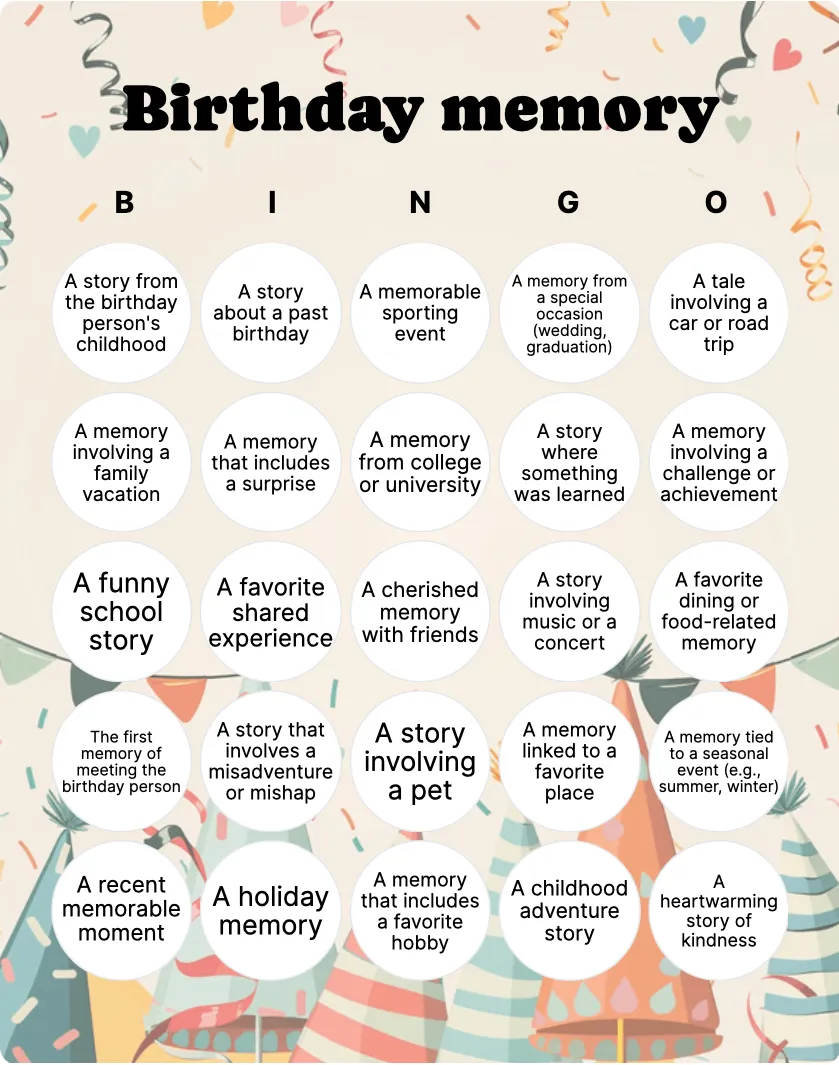 Birthday memory bingo card template