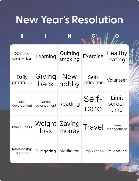 New Year’s Resolution bingo