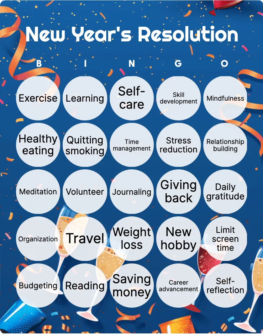 New Year's Resolution bingo card template