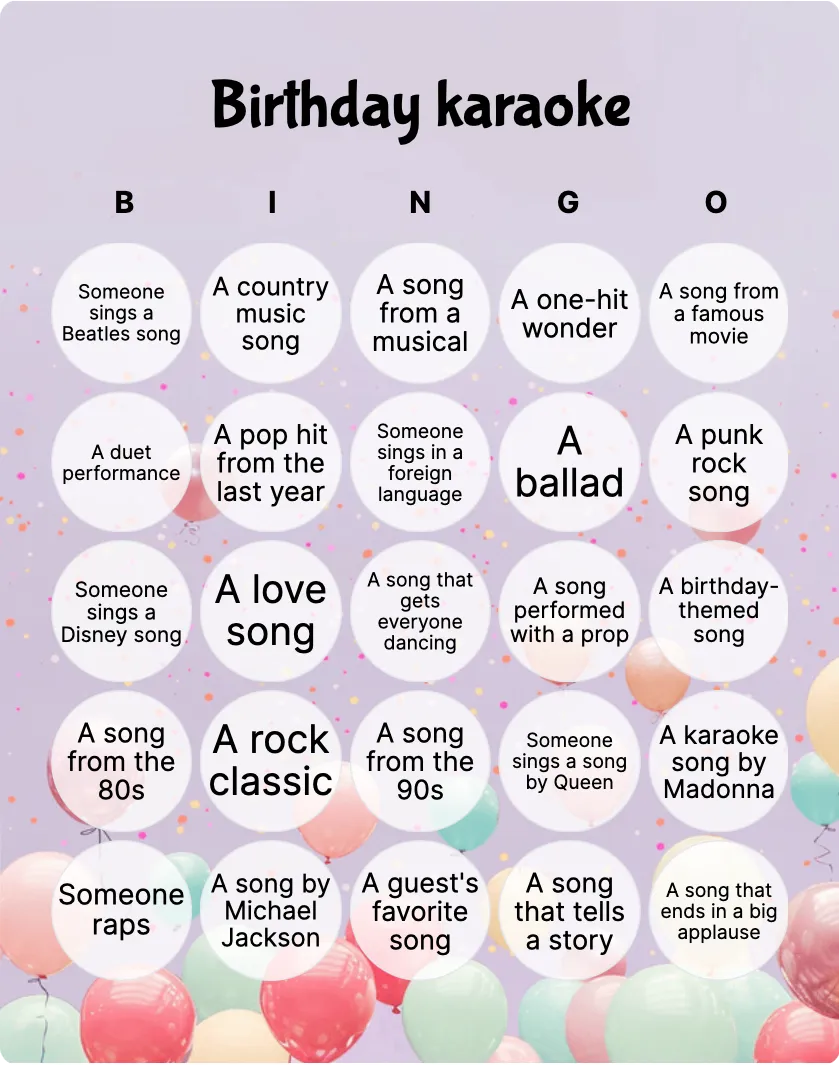 Birthday karaoke bingo card template