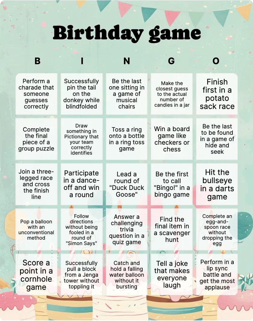 Birthday game bingo card template
