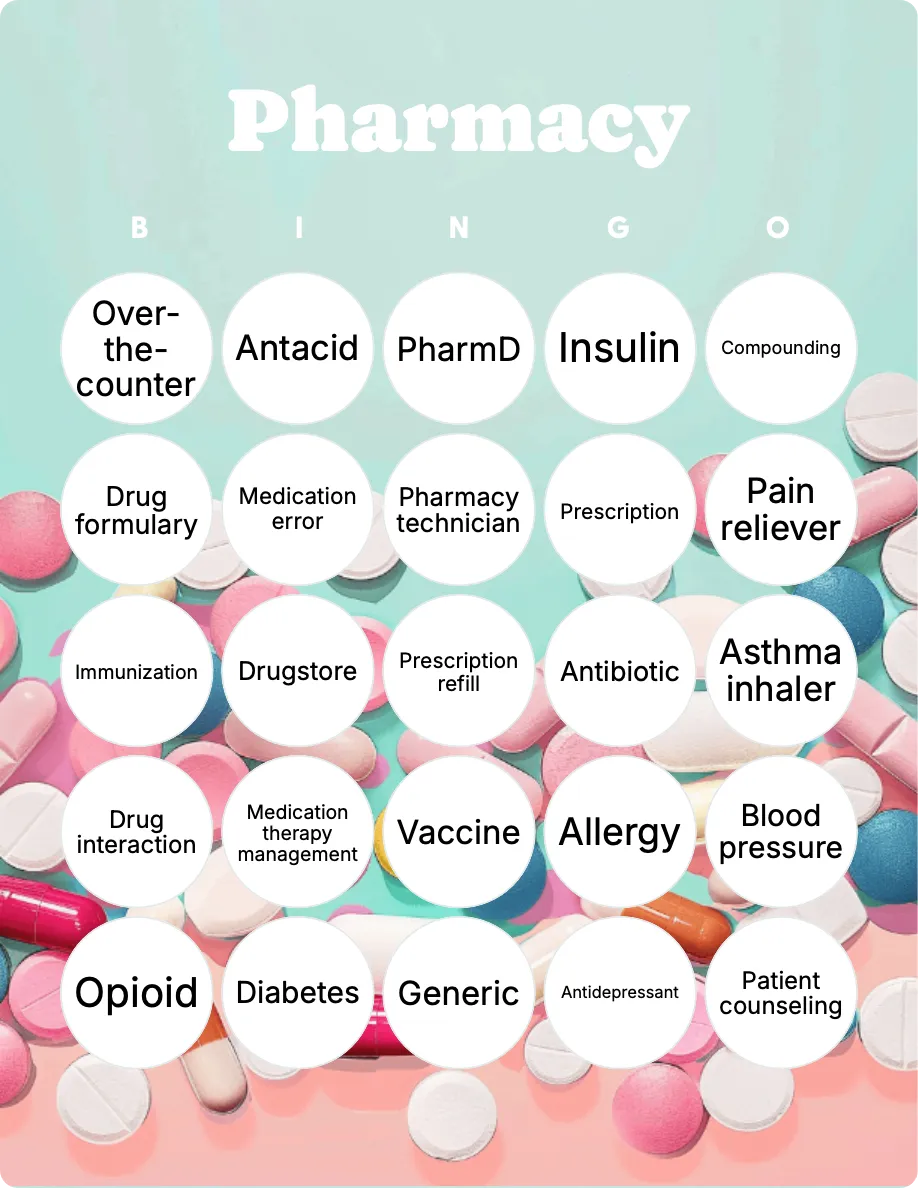 Pharmacy bingo card template