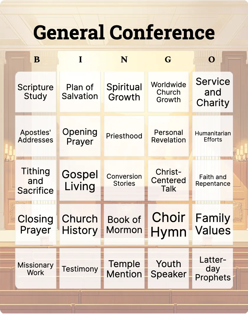 General Conference bingo card template