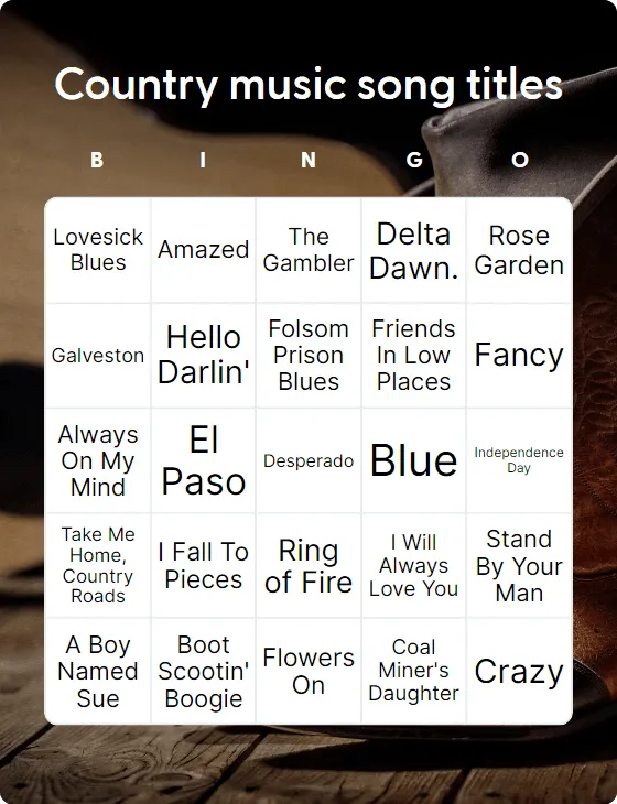 Country music song titles bingo