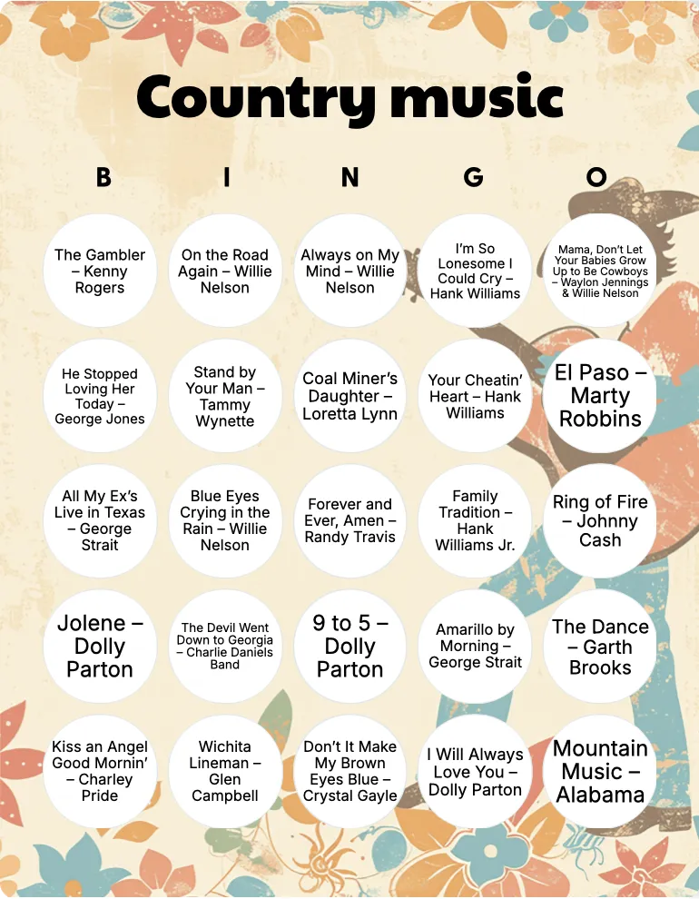 Country music bingo card template