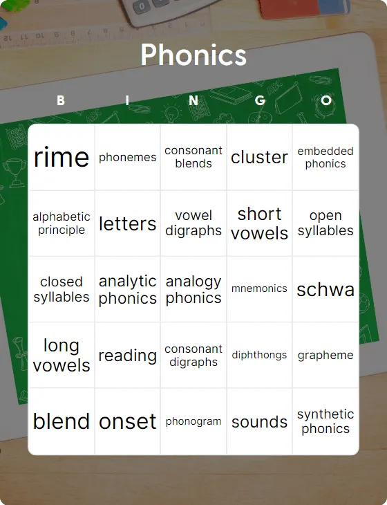 Phonics bingo card template