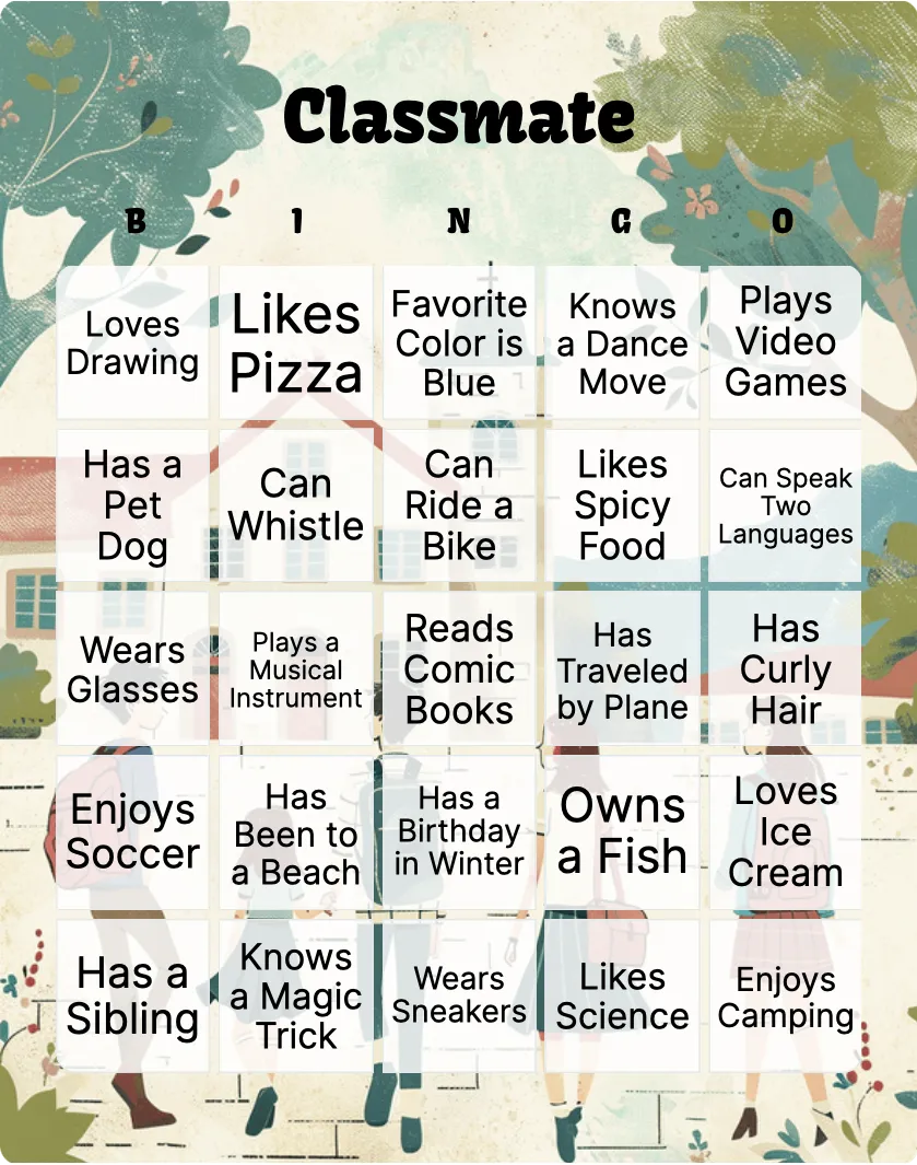 Classmate bingo card template