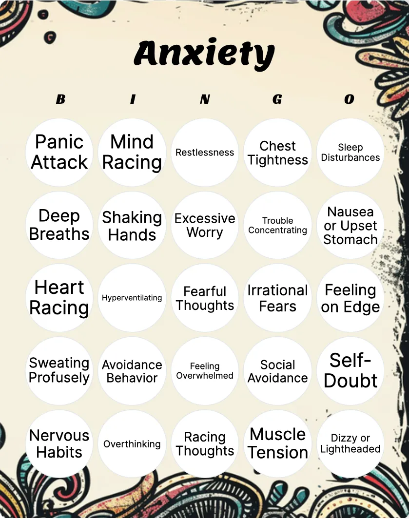 Anxiety bingo card template