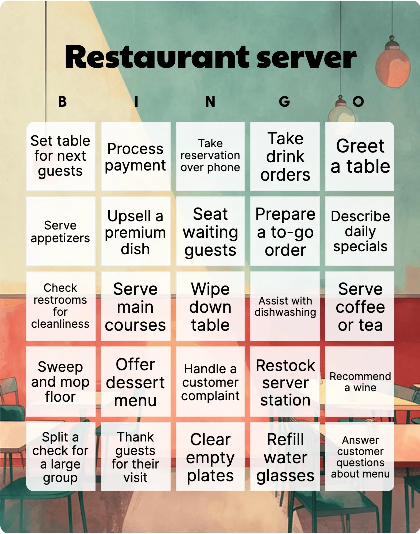 Restaurant server bingo card template