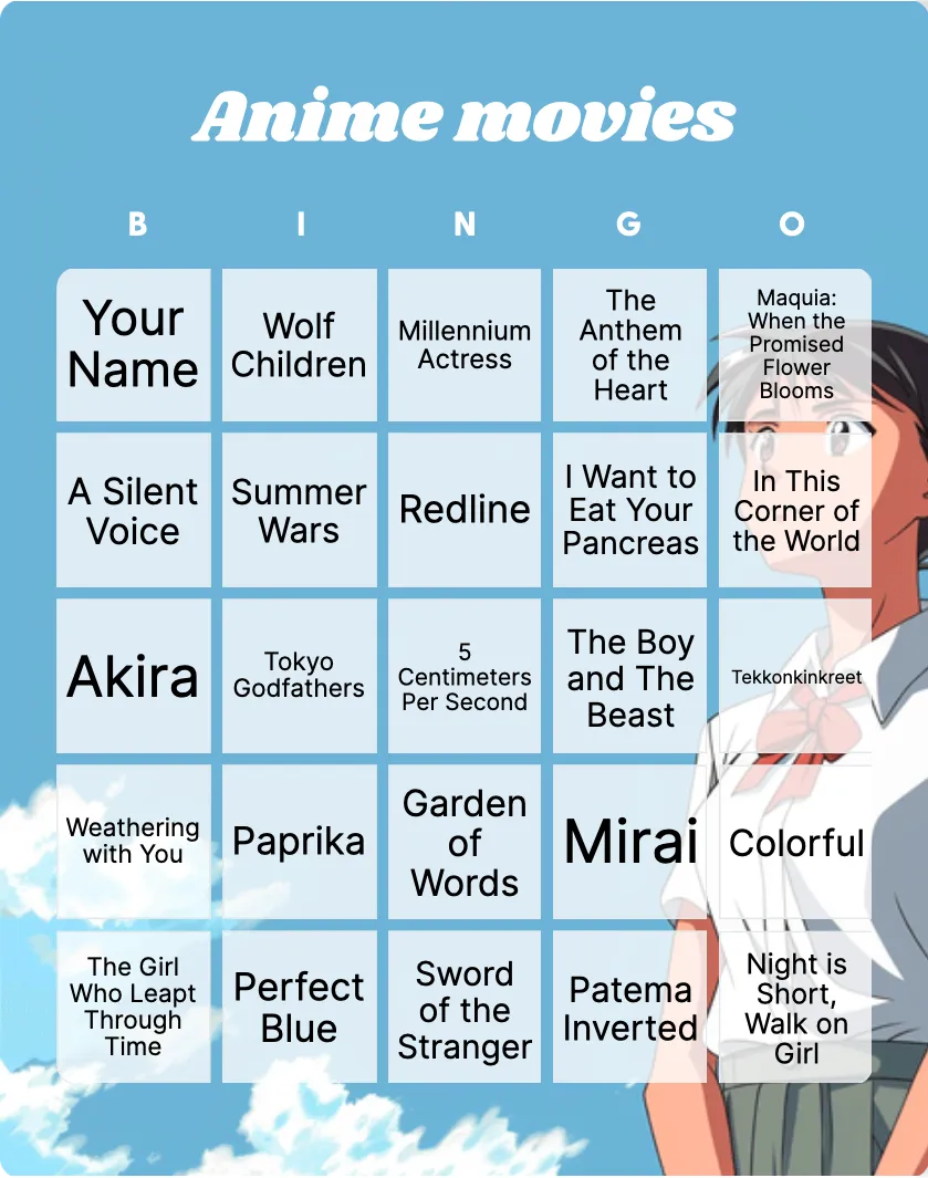 Anime movies bingo card template