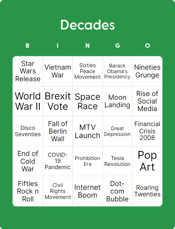 Decades bingo card template