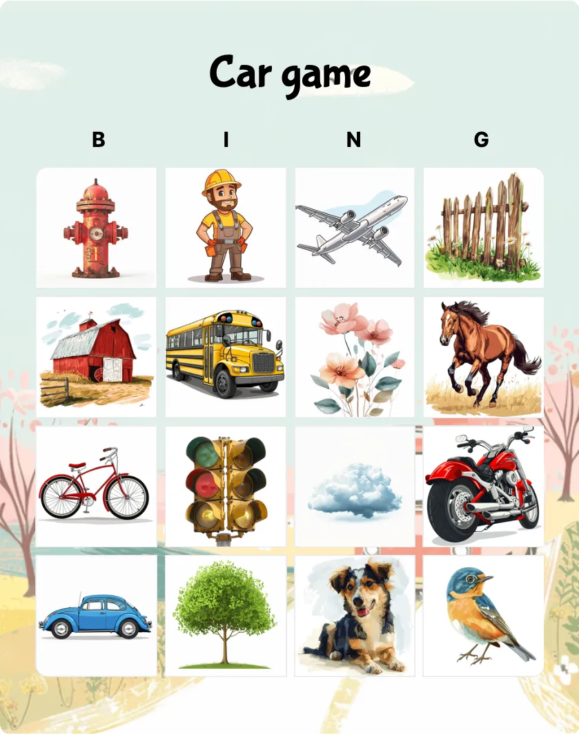 Car game bingo card template