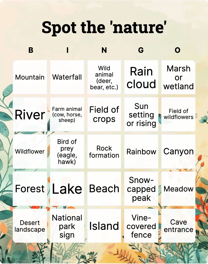 Spot the ‘nature’ bingo card template