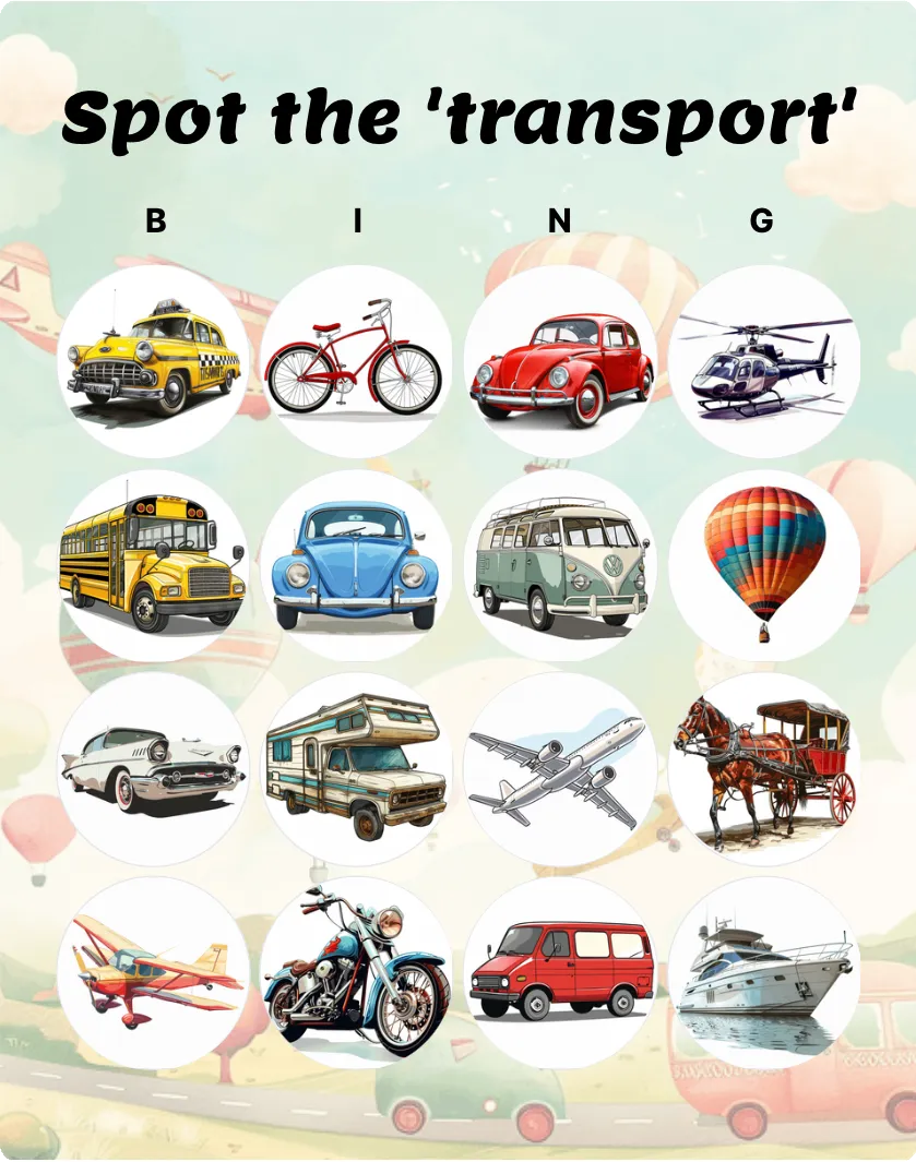 Spot the ‘transport’ bingo card template