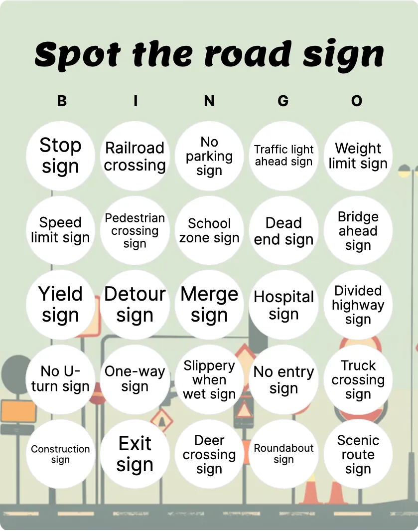 Spot the road sign bingo card template