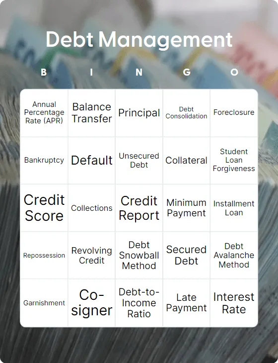 Debt management bingo card template