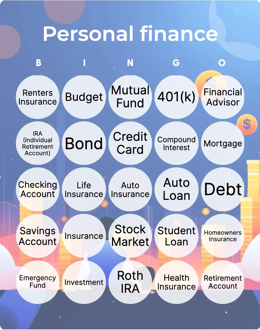 Personal finance bingo card template