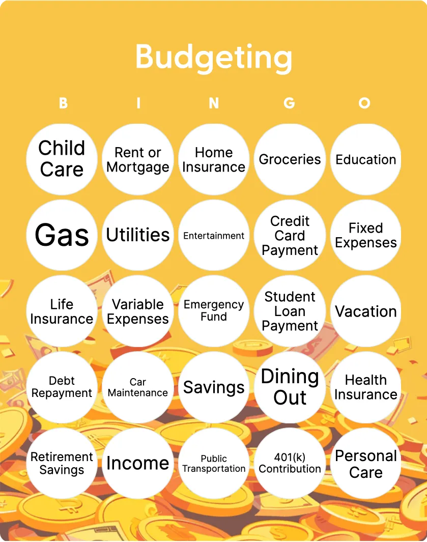 Budgeting bingo card template