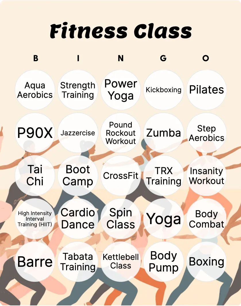 Fitness Class bingo card template