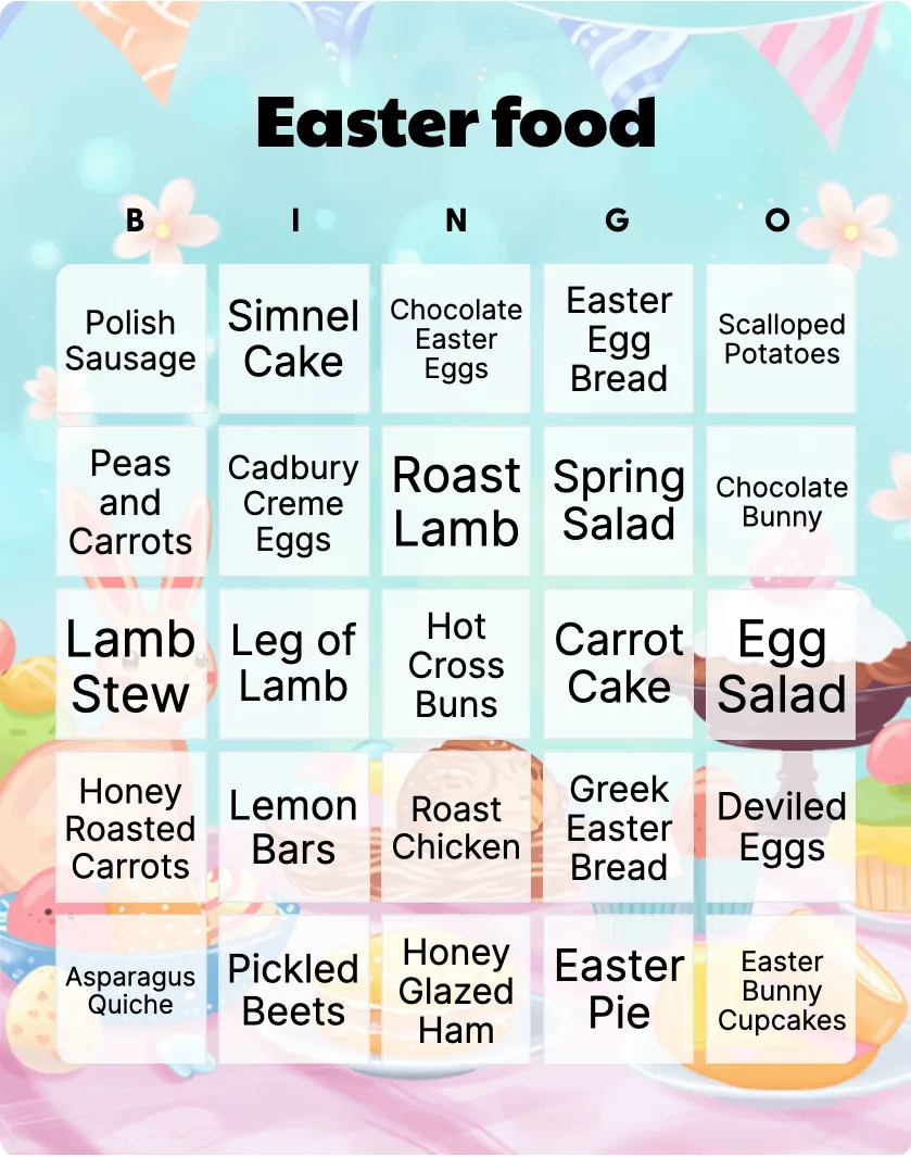 Easter food bingo card template