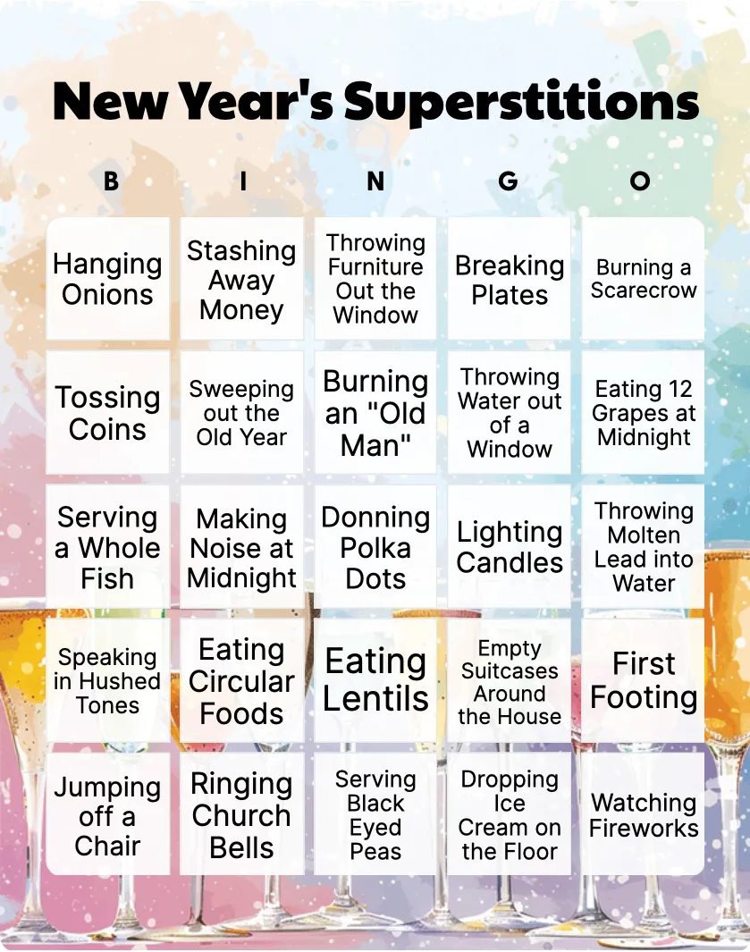 New Year's Superstitions bingo card template