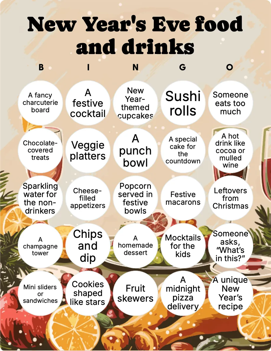 New Year's Eve food and drinks bingo card template