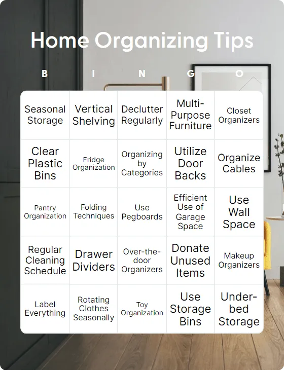 Home organizing tips bingo card template