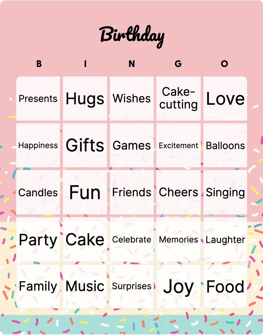 Birthday bingo card template