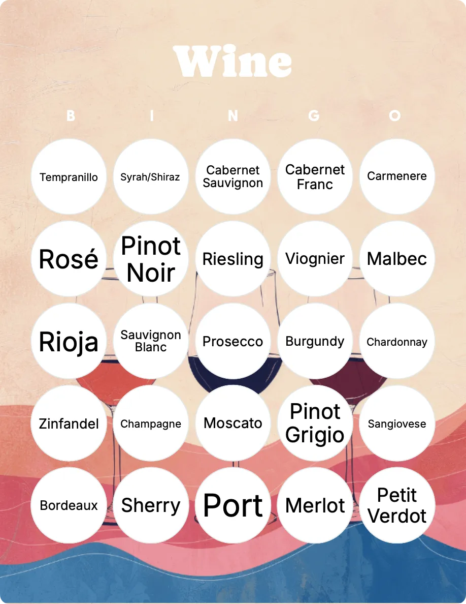 Types of wine bingo card template