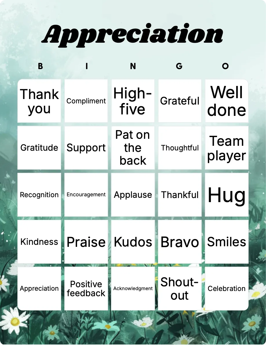 Appreciation bingo card template