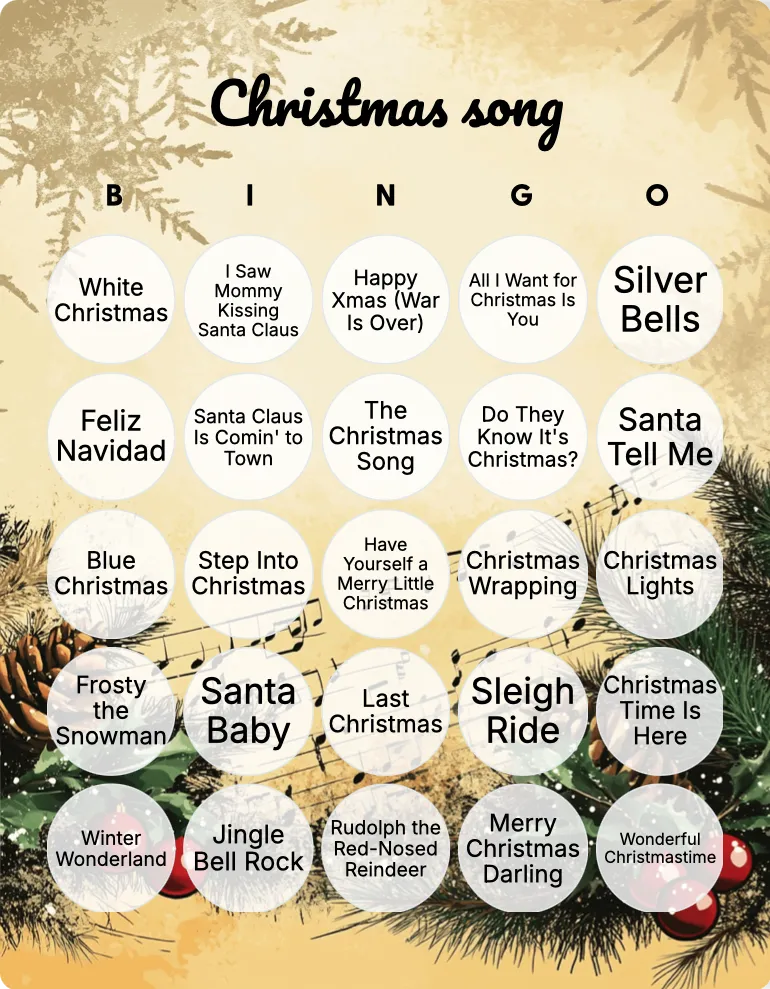 Christmas song bingo card template