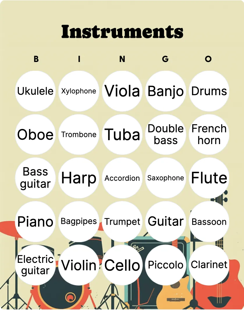 Instruments bingo card template