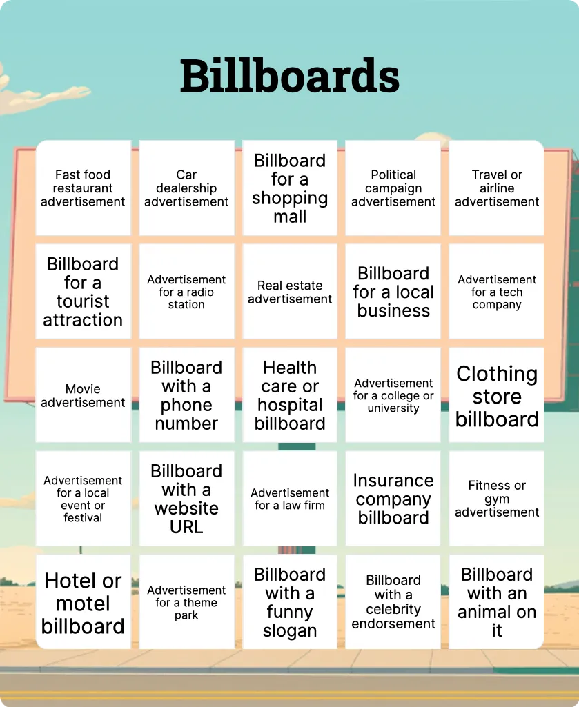 Billboards bingo card template