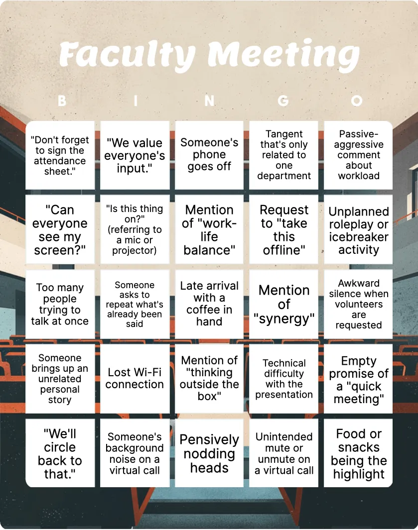 Faculty Meeting bingo card template