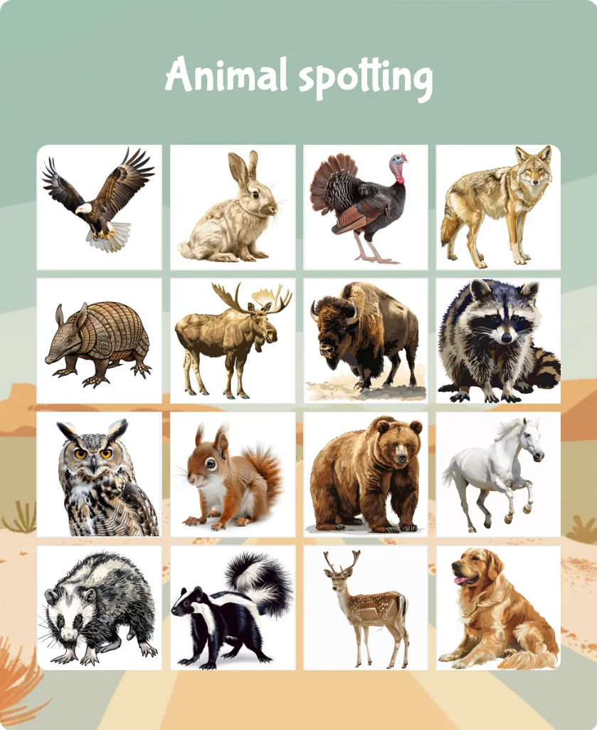 Animal spotting bingo card template