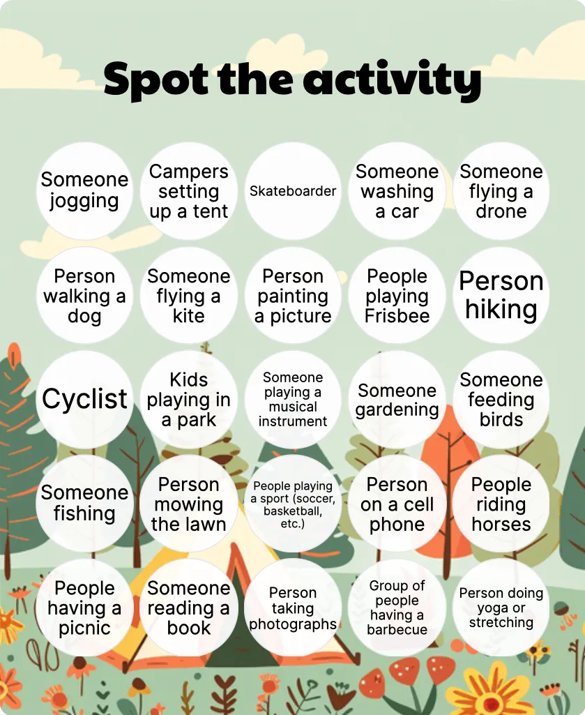 Spot the activity bingo card template