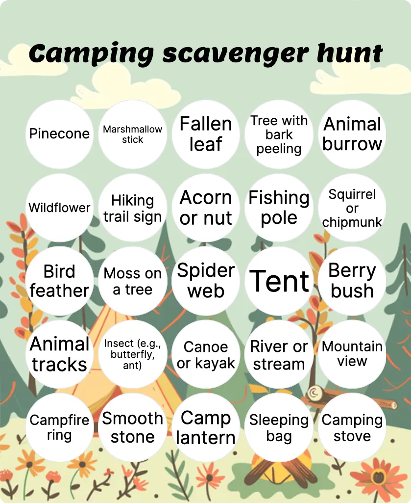 Camping scavenger hunt bingo