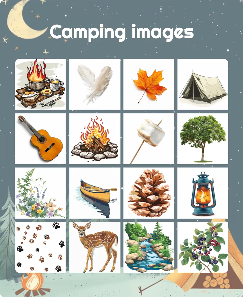 Camping images bingo card template