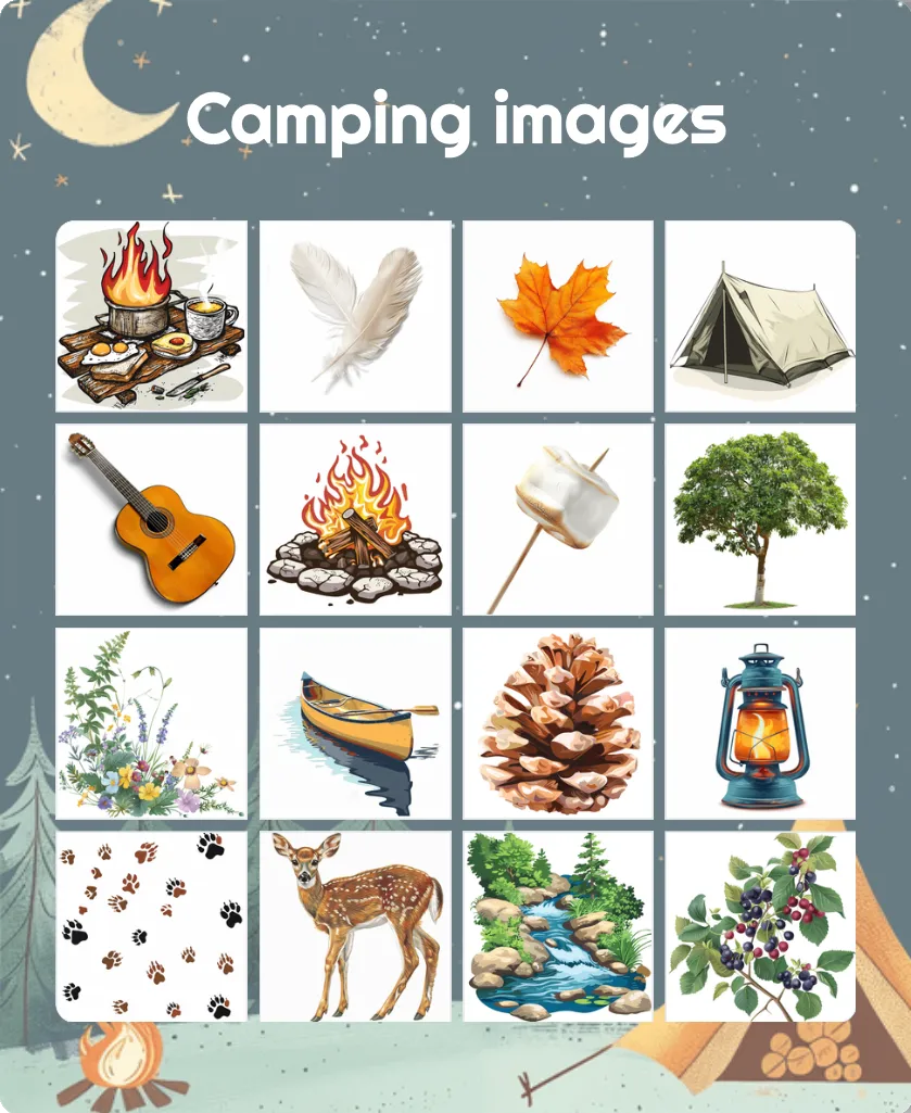 Camping images bingo card template Camping images bingo card template