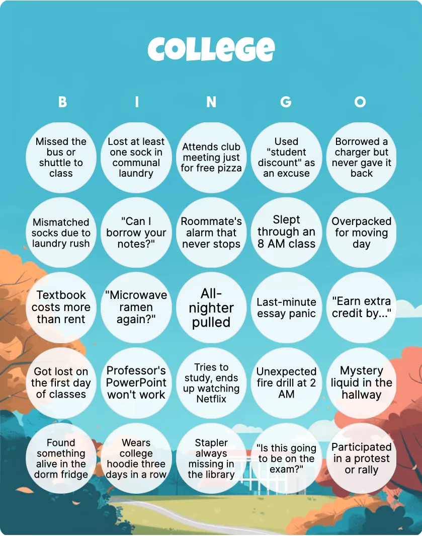 College bingo card template