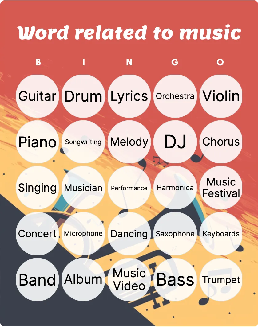 Word related to music bingo card template