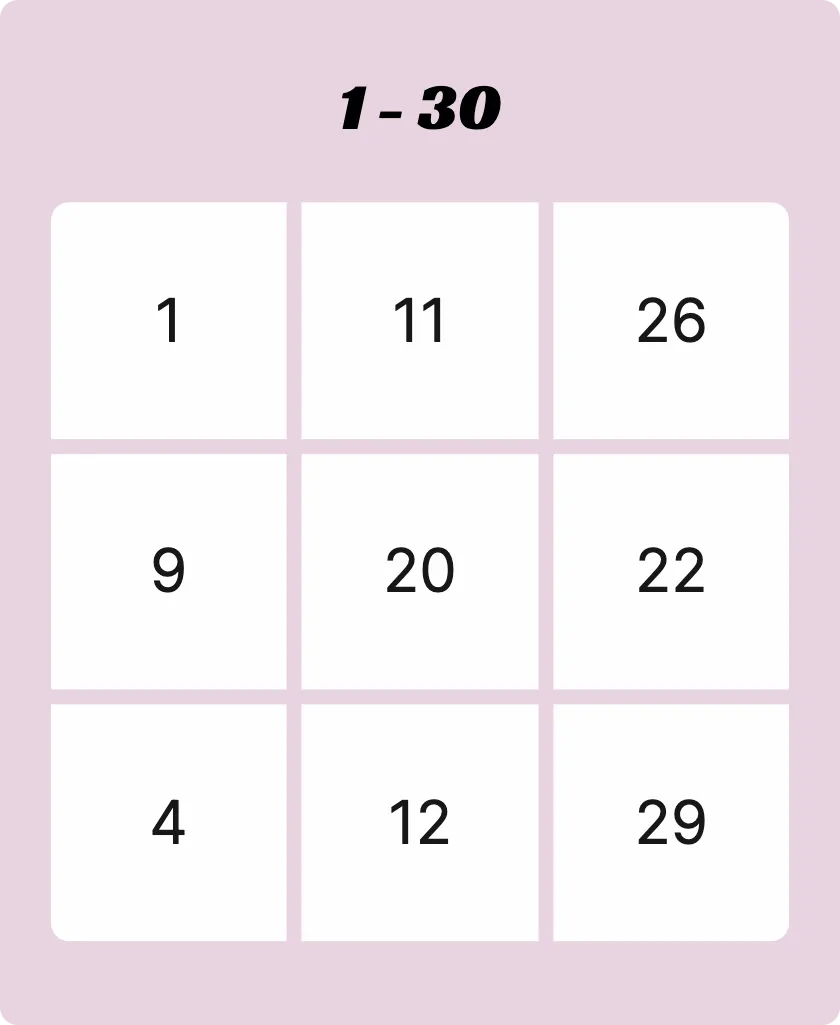 1 – 30 bingo card template