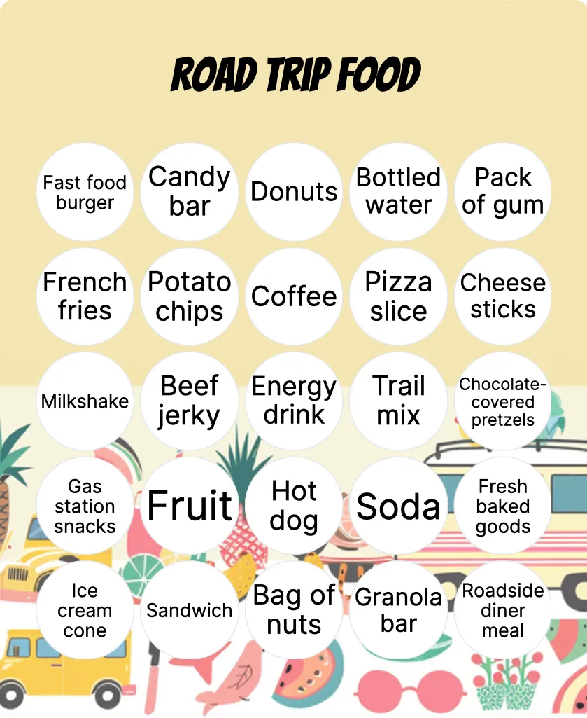 Road trip food bingo card template