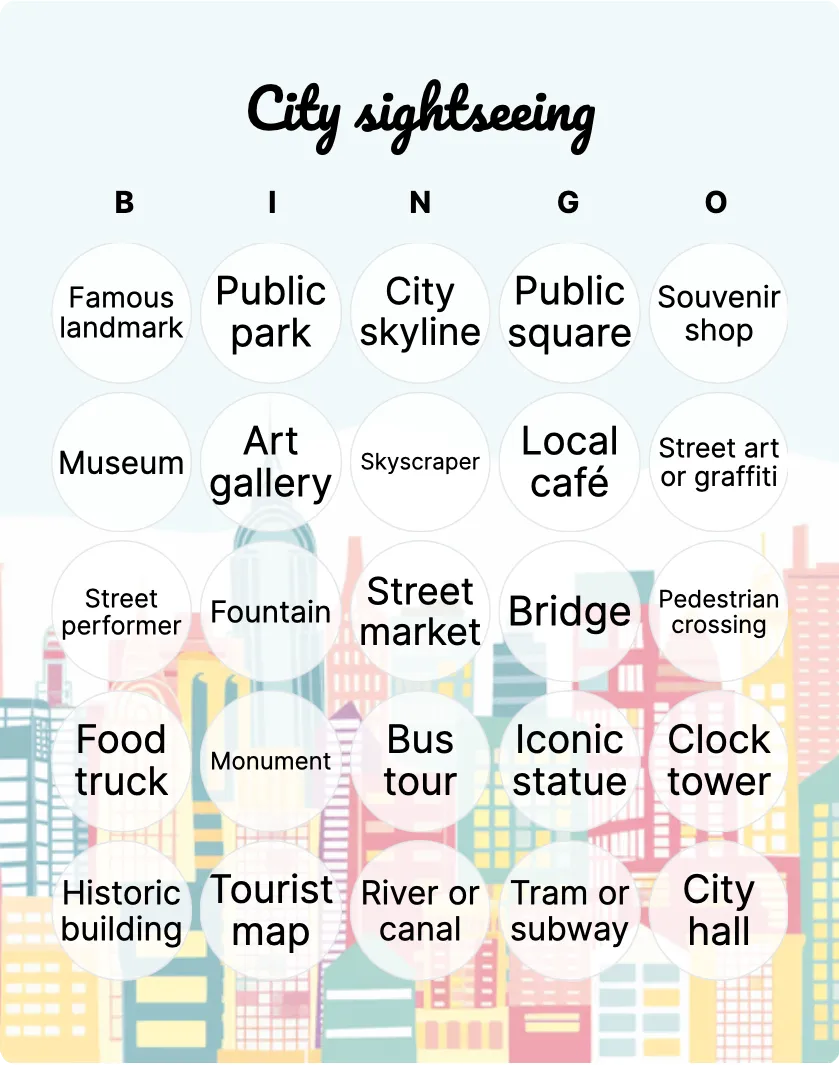 City sightseeing bingo card template